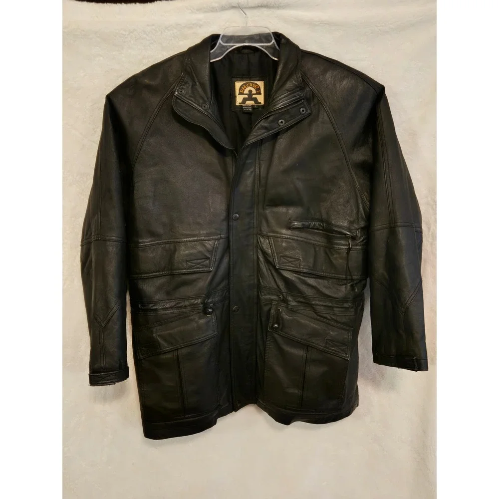 Phase 2 Mens Large Black Leather Field Jacket Multi Pocket Utility Coat Bomber